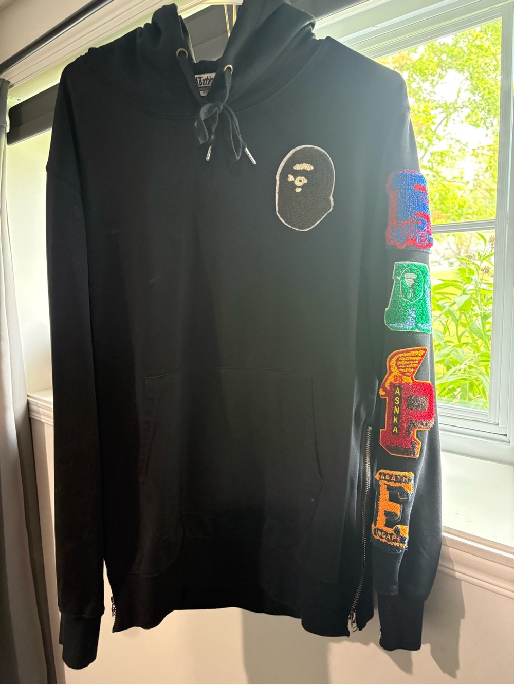 Black A Bathing Ape Pullover Hoodie with Colorful Sleeve Patches